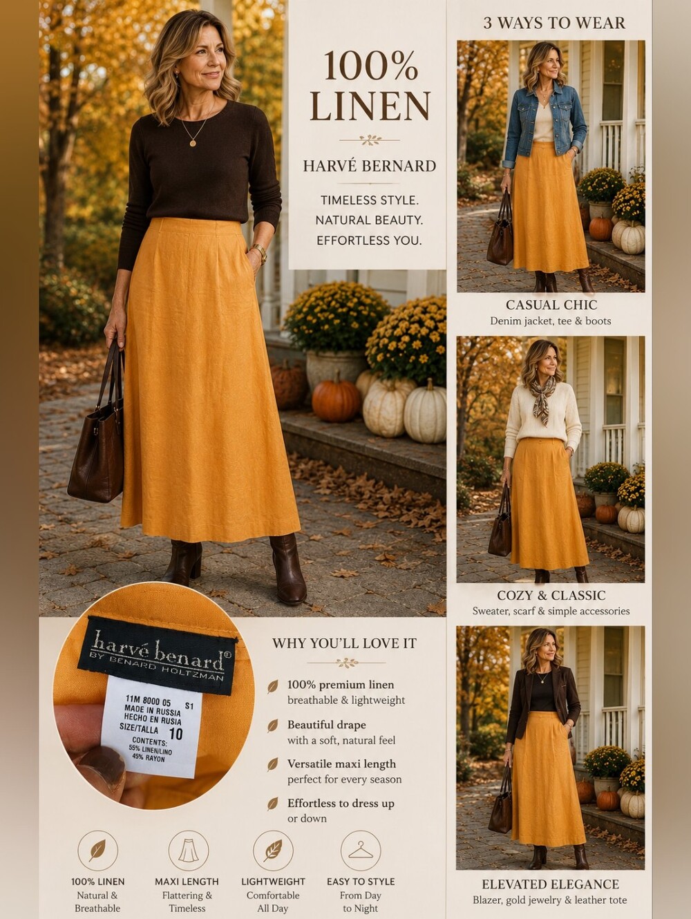 Harvé Benard Vintage Linen Blend Mustard Maxi Skirt Size 10 A-Line Fall Boho